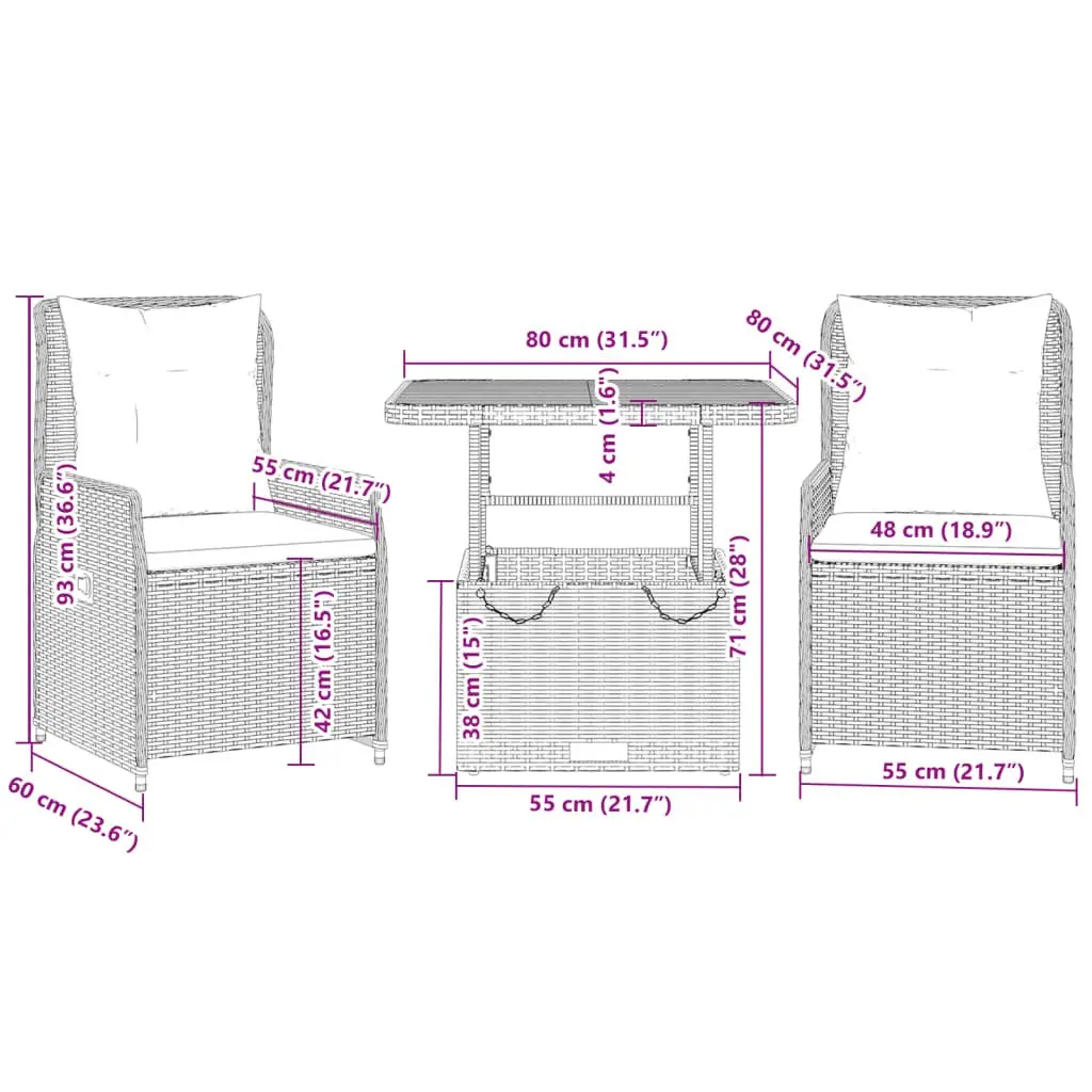 3 Piece Bistro Set with Adjustable Backrest Cushions Black Garden Patio