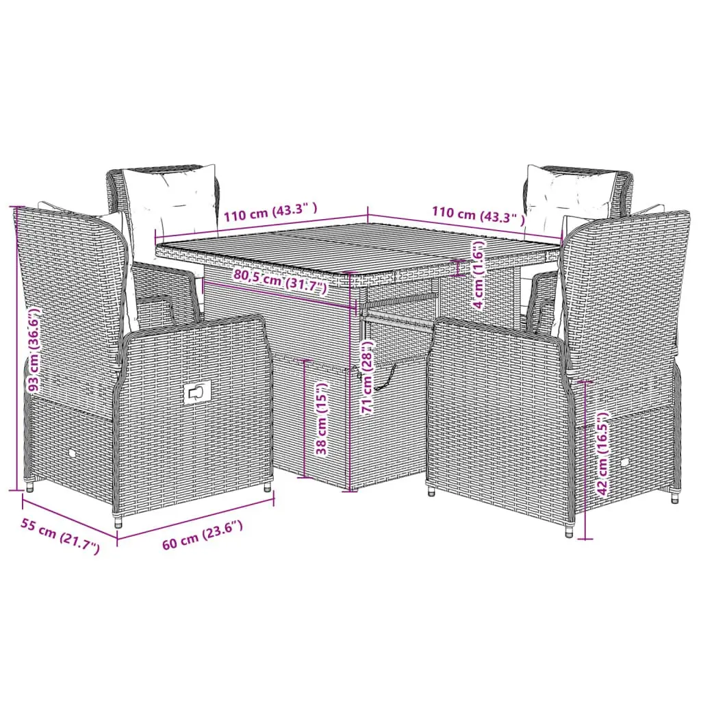 5 Piece Garden Dining Set Black Poly Rattan Outdoor Furniture with Cushions