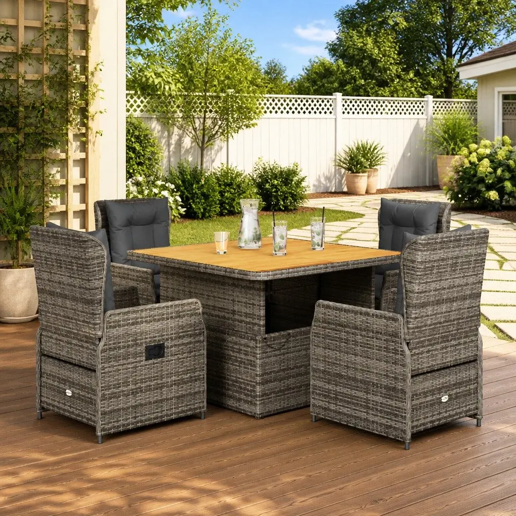 Outdoor Dining Set 5 Piece Grey Poly Rattan Garden Furniture with Cushions