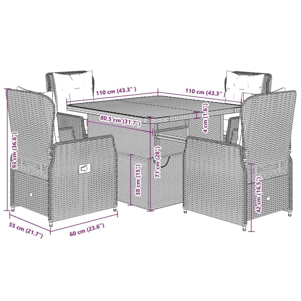 Outdoor Dining Set 5 Piece Grey Poly Rattan Garden Furniture with Cushions