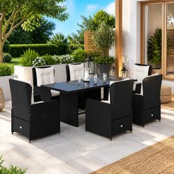 7 Piece Outdoor Dining Set Black Poly Rattan Garden Furniture with Cushions