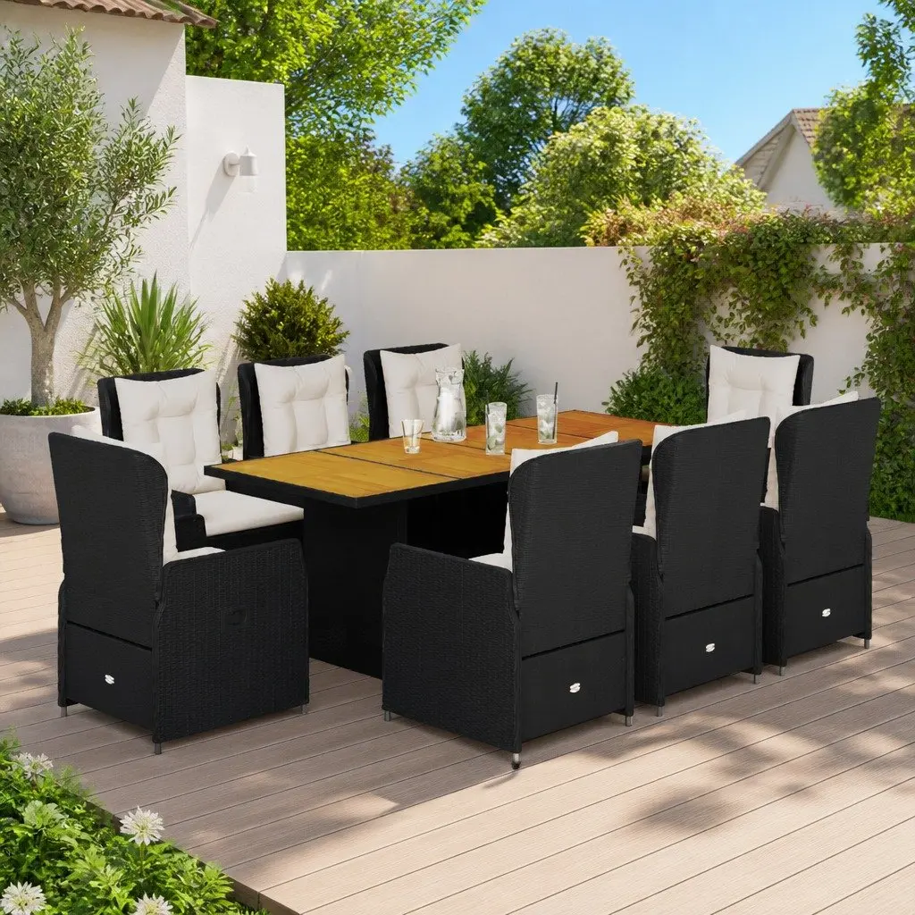 Outdoor Dining Set 9 Piece Garden Furniture Black Poly Rattan with Cushions