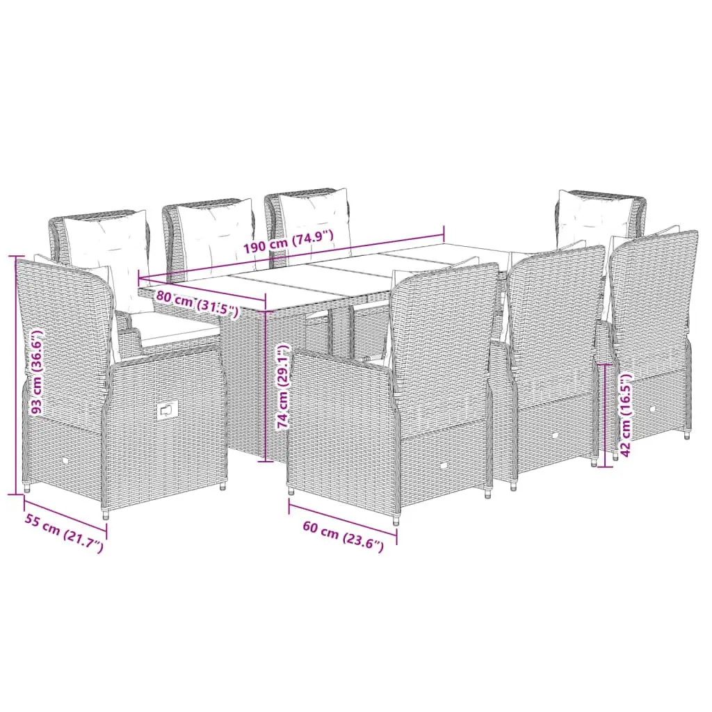 Garden Dining Set 9 Piece Outdoor Patio Furniture PE Rattan Adjustable Backrest Grey