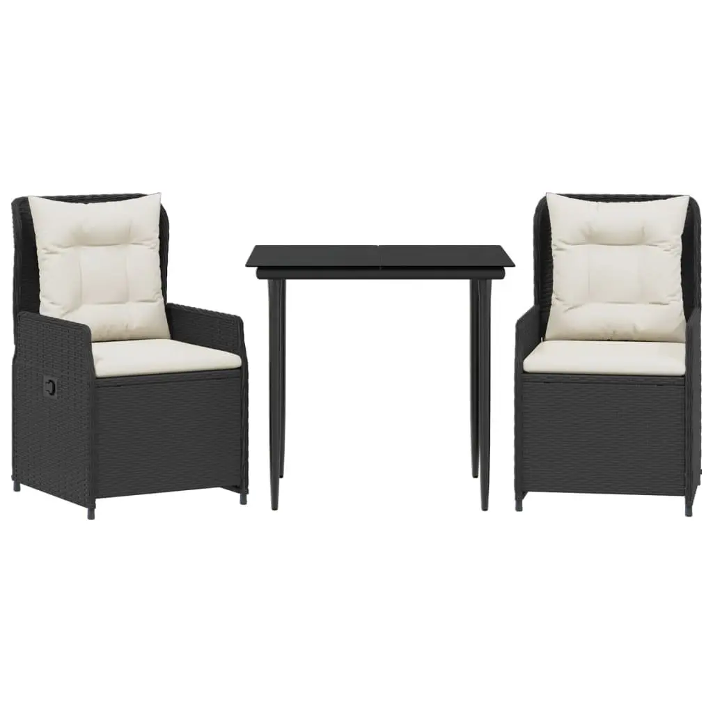 3-Piece Outdoor Garden Dining Set Black Poly Rattan with Cushions Padded Chairs