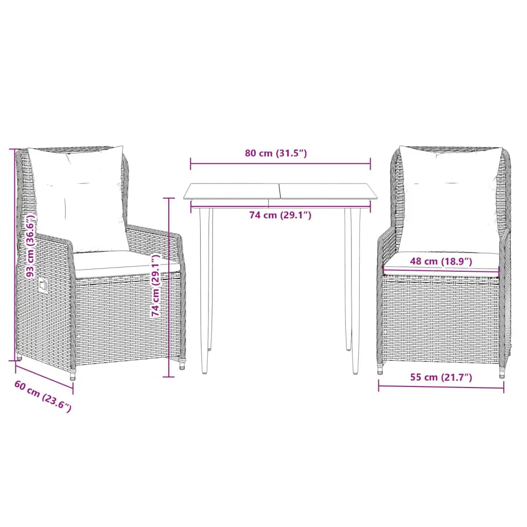 3-Piece Outdoor Garden Dining Set Black Poly Rattan with Cushions Padded Chairs