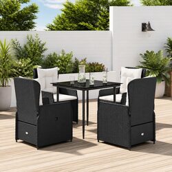 5 Piece Outdoor Garden Dining Set Black Poly Rattan with Cushions Glass Table