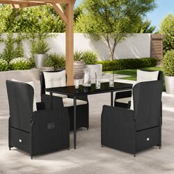 5 Piece Outdoor Garden Dining Set Black Poly Rattan Adjustable Backrest Glass