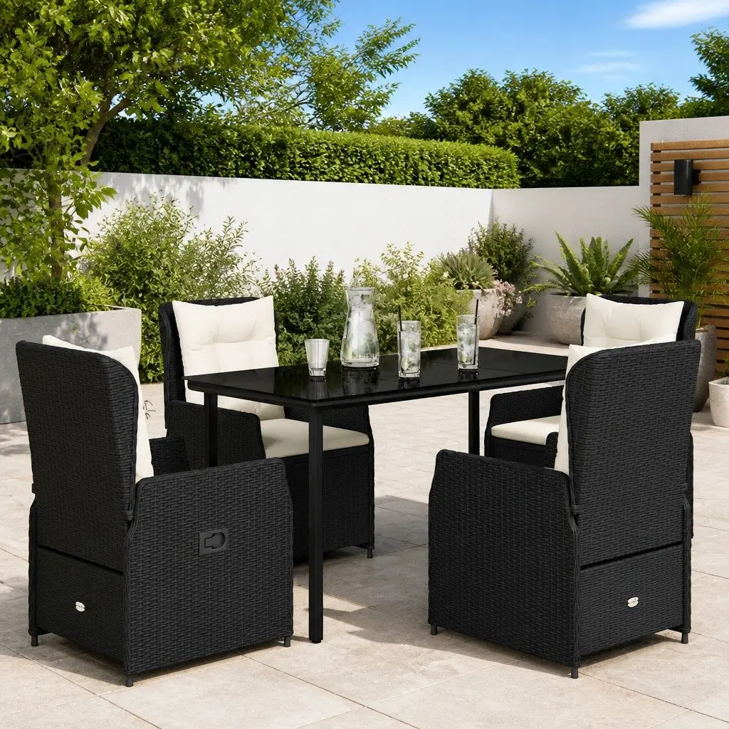 5 Piece Outdoor Dining Set Black Poly Rattan Garden Furniture Patio Table Chairs
