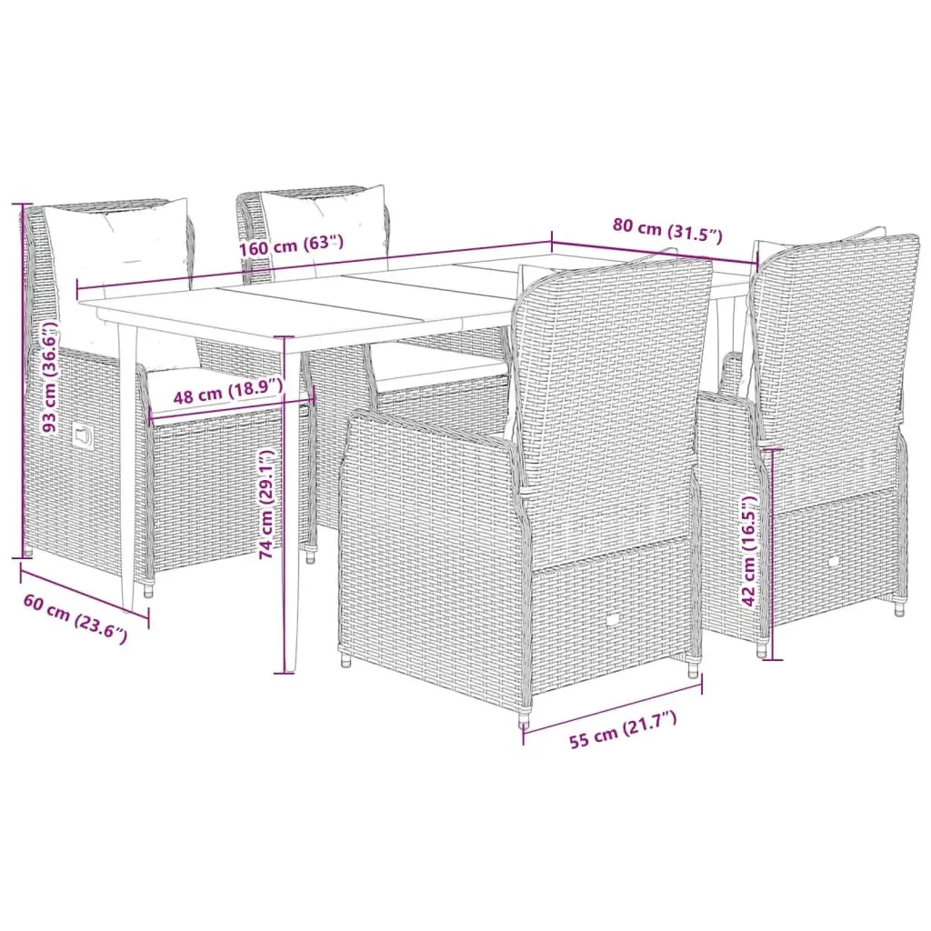 Garden Dining Set 5 Piece Outdoor Furniture Grey Poly Rattan with Cushions