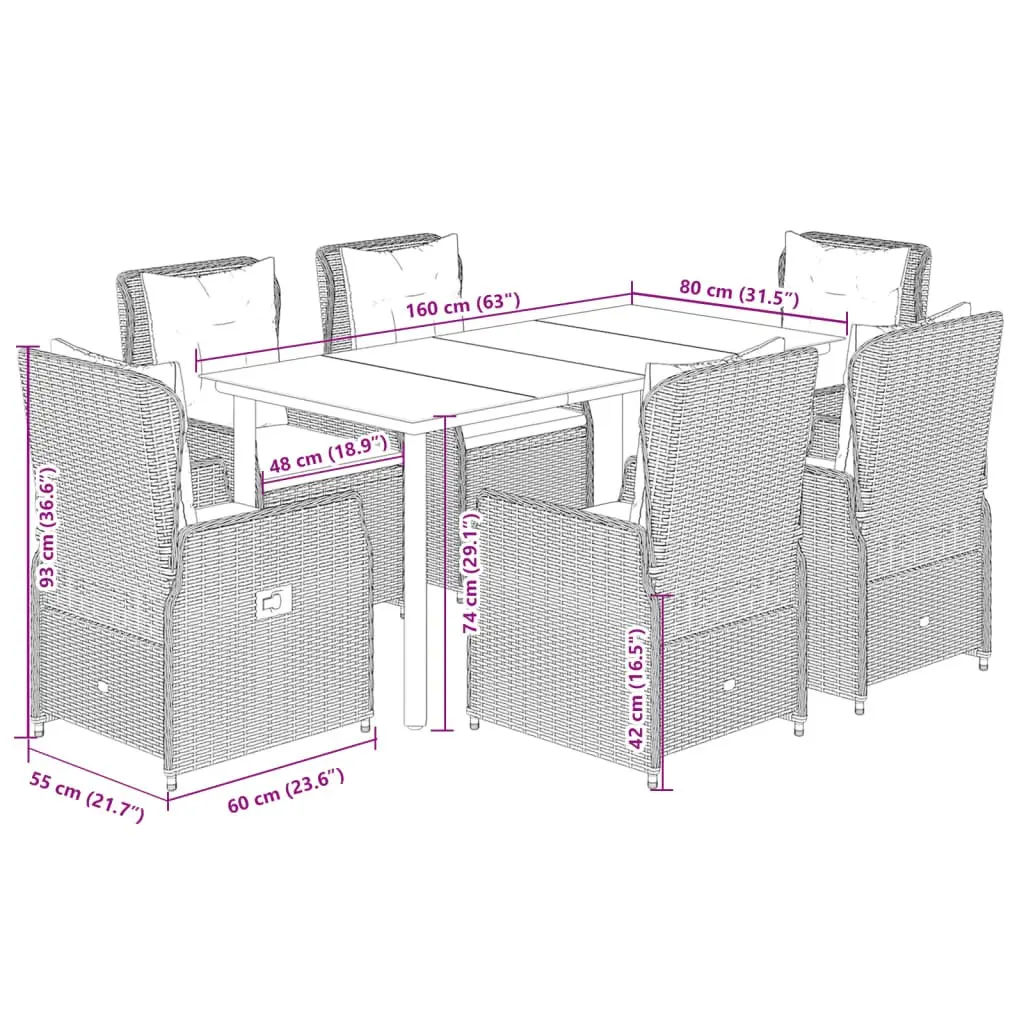 Outdoor Dining Set 7 Piece Garden Furniture Grey Poly Rattan with Cushions