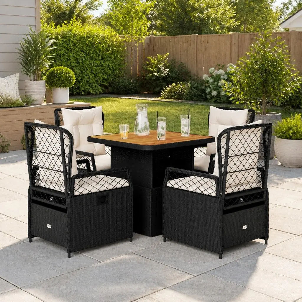 Garden Dining Set 5 Piece Outdoor Furniture Adjustable Seating Black Poly Rattan with Cushions