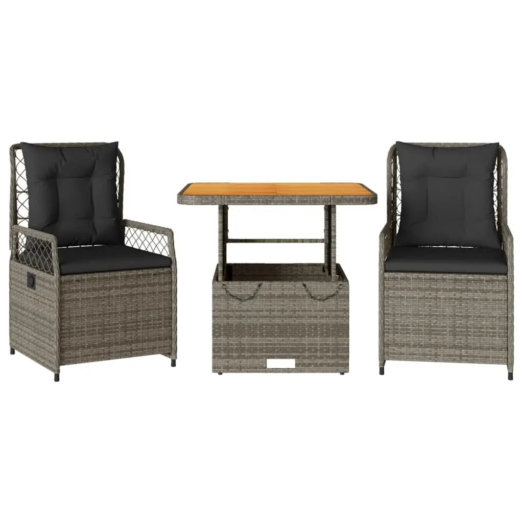 3 Piece Garden Dining Set with Cushions Grey Poly Rattan Adjustable Backrest