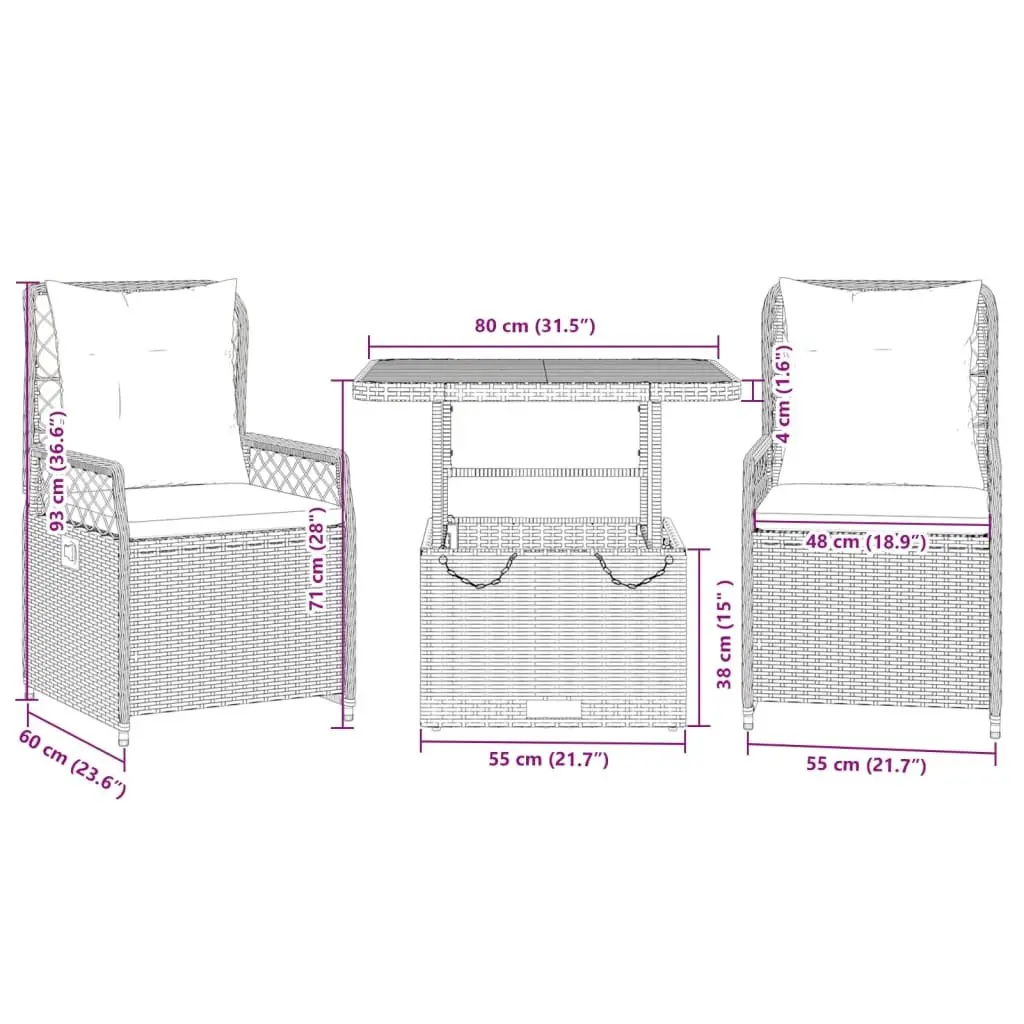 3 Piece Garden Dining Set with Cushions Grey Poly Rattan Adjustable Backrest