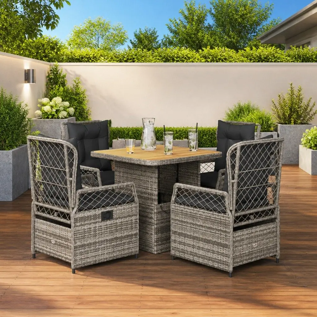 Garden Dining Set 5 Piece Outdoor Furniture Grey PE Rattan with Cushions and Adjustable Acacia Wood Tabletop