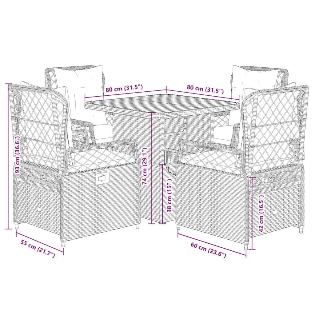 Garden Dining Set 5 Piece Outdoor Furniture Grey PE Rattan with Cushions and Adjustable Acacia Wood Tabletop