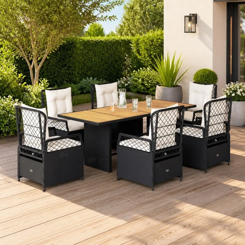 7 Piece Outdoor Dining Set Black Poly Rattan Garden Furniture Adjustable
