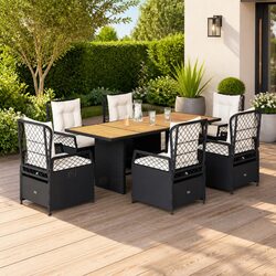 7 Piece Outdoor Dining Set Black Poly Rattan Garden Furniture Adjustable