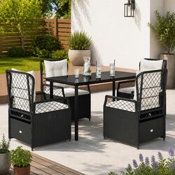 5 Piece Outdoor Garden Dining Set Poly Rattan Chairs Table with Cushions Black