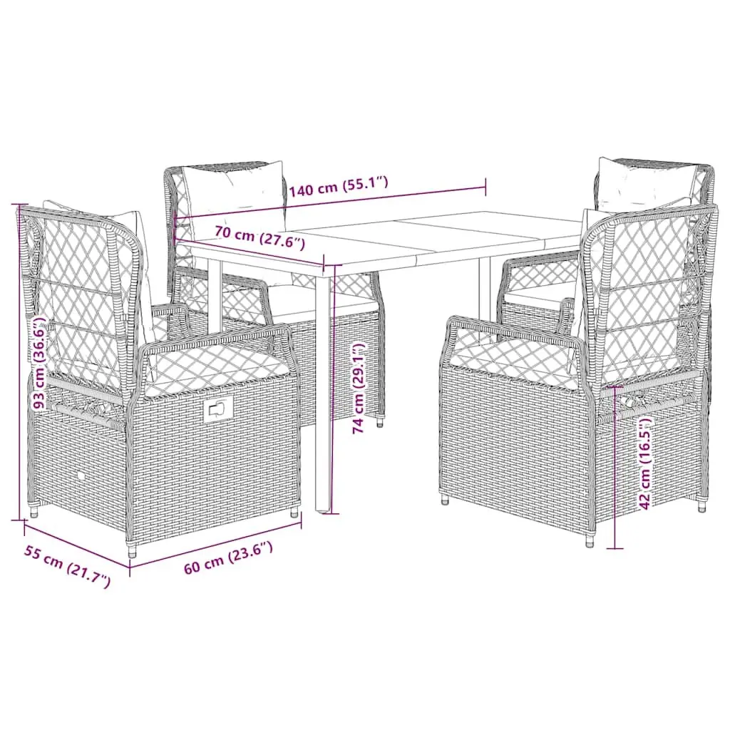 5 Piece Outdoor Garden Dining Set Poly Rattan Chairs Table with Cushions Black