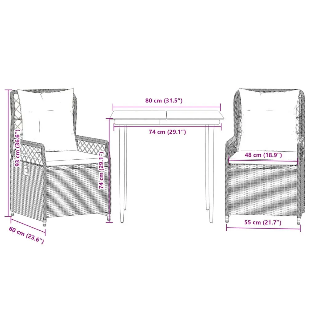 Garden Dining Set 3 Piece Outdoor Furniture Grey Poly Rattan with Cushions