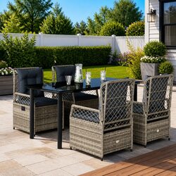 Garden Dining Set 5 Piece Outdoor Furniture Grey Poly Rattan Cushions Glass