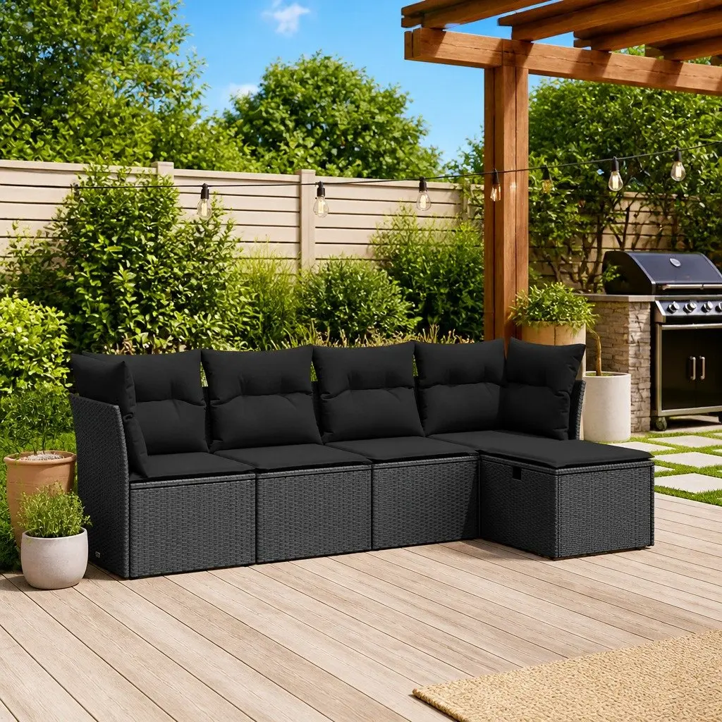 5 Piece Outdoor Garden Sofa Set with Cushions Black Poly Rattan Patio Furniture