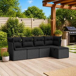 5 Piece Outdoor Garden Sofa Set with Cushions Black Poly Rattan Patio Furniture