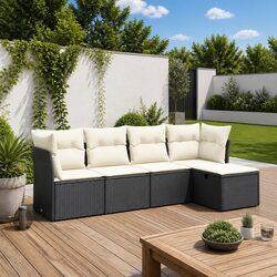 5 Piece Outdoor Garden Sofa Set Black Poly Rattan Patio Furniture with Cushions
