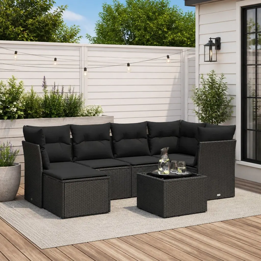 7 Piece Garden Sofa Set Black Poly Rattan Outdoor Furniture with Cushions