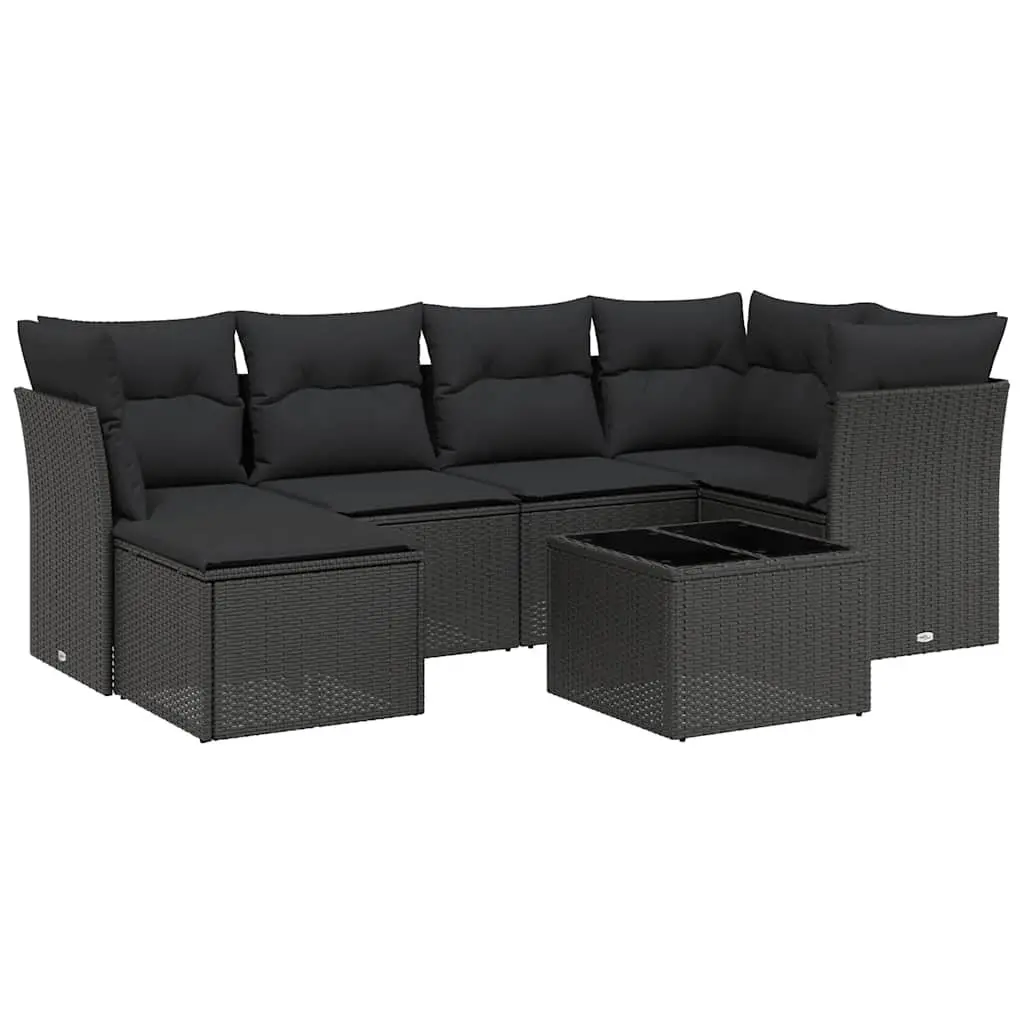 7 Piece Garden Sofa Set Black Poly Rattan Outdoor Furniture with Cushions