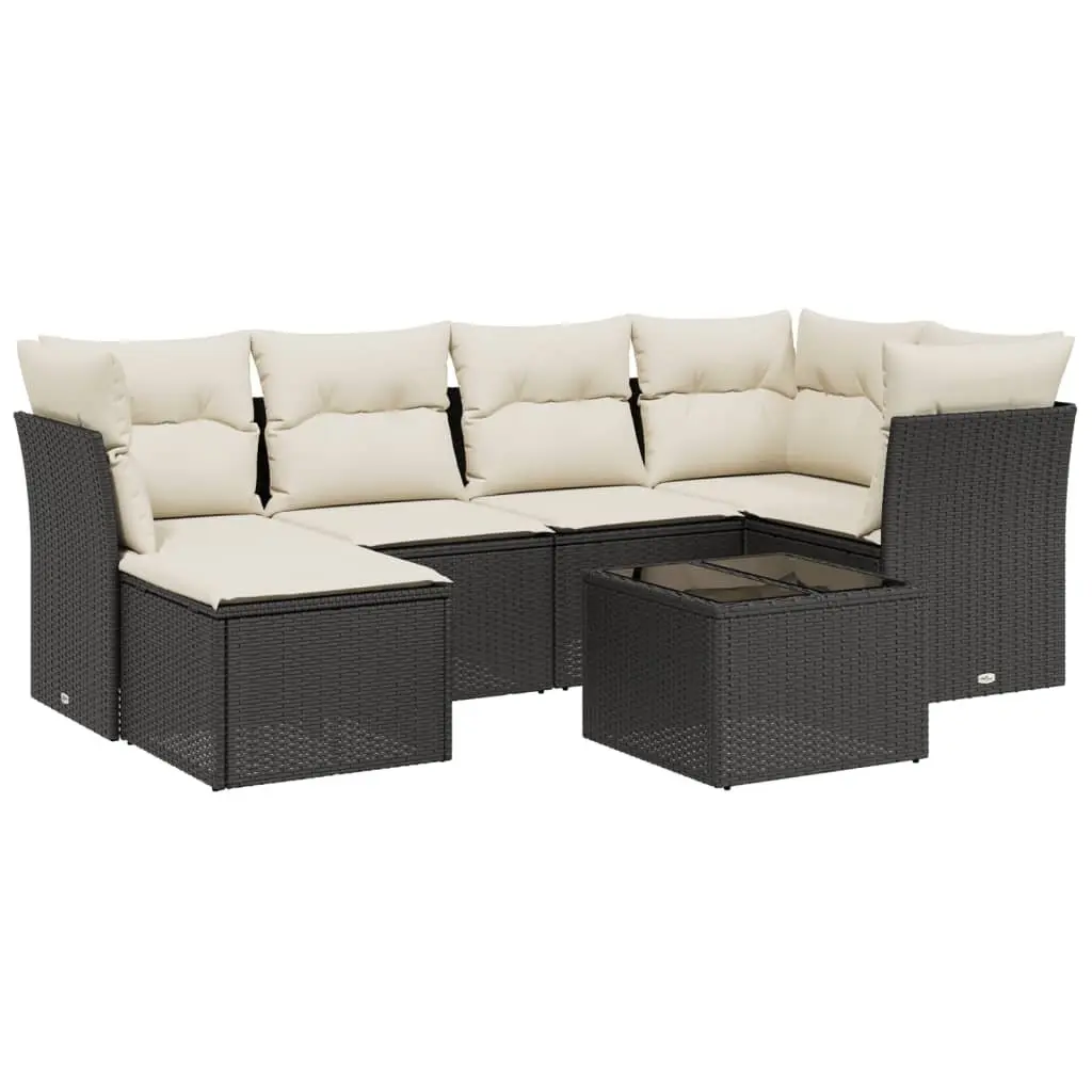 7 Piece Garden Sofa Set Outdoor Furniture Patio Black Poly Rattan with Glass