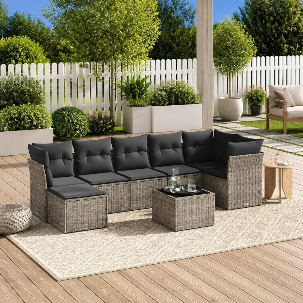8 Piece Garden Sofa Set Modular Outdoor Furniture Grey Rattan Patio Lounge with Cushions