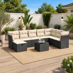 Garden Sofa Set 9 Piece Outdoor Furniture with Cushions Black Poly Rattan Patio