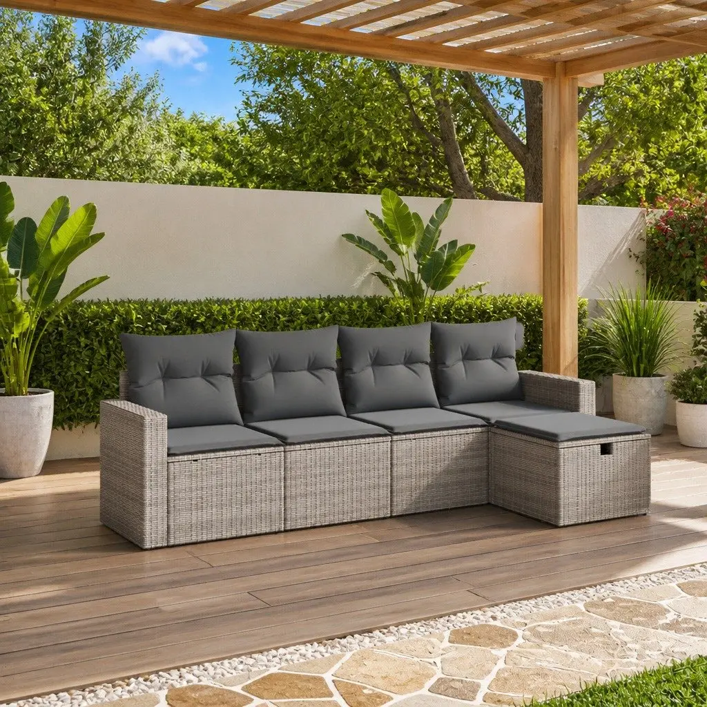 5 Piece Garden Sofa Set Grey Poly Rattan Outdoor Furniture with Cushions