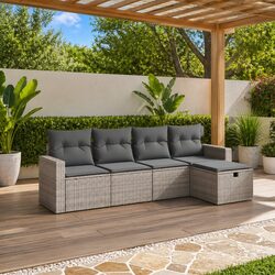 5 Piece Garden Sofa Set Grey Poly Rattan Outdoor Furniture with Cushions