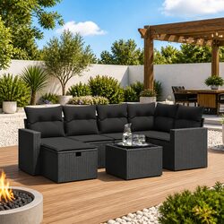 Garden Sofa Set 7 Piece Outdoor Furniture Poly Rattan Patio with Cushions Black