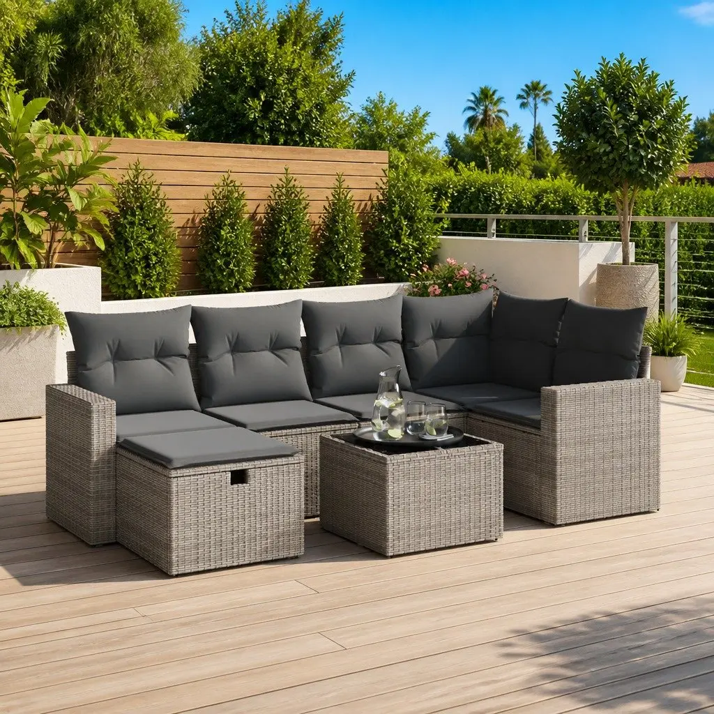 Garden Sofa Set 7 Piece Modular Outdoor Furniture Grey PE Rattan with Cushions