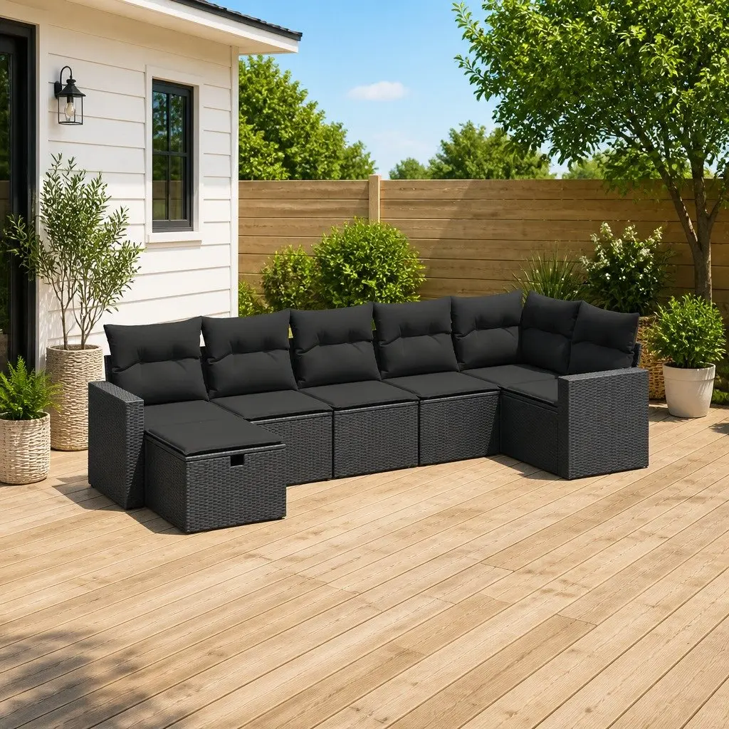 7 Piece Garden Sofa Set Outdoor Patio Furniture Black Poly Rattan with Cushions