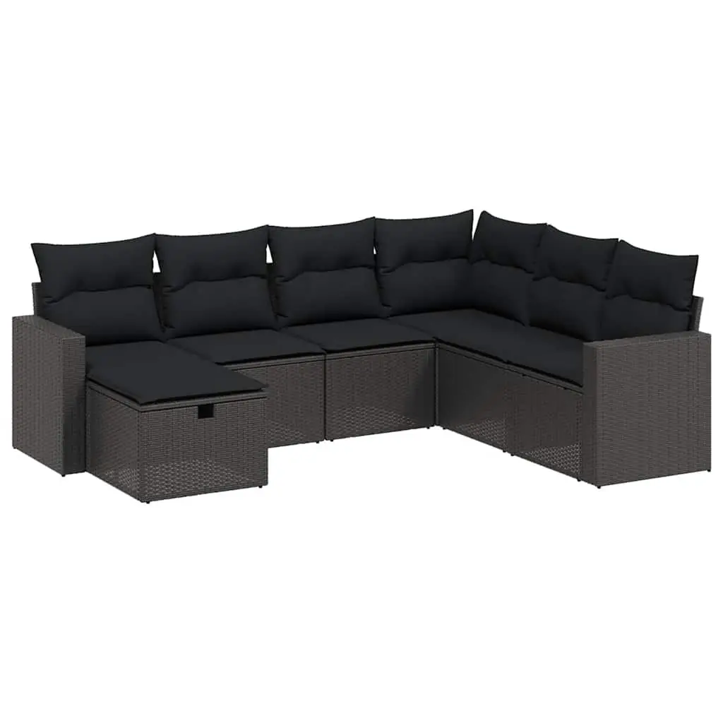 7 Piece Garden Sofa Set with Cushions Black Poly Rattan Outdoor Furniture Patio