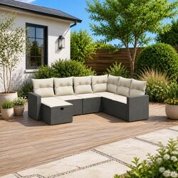 Garden Sofa Set 7 Piece Outdoor Furniture Patio Black Poly Rattan with Cushions