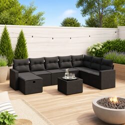 9 Piece Outdoor Garden Sofa Set Patio Furniture Black Rattan with Cushions
