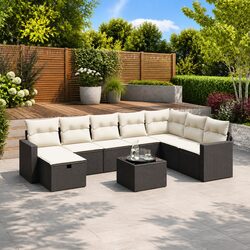 9 Piece Outdoor Garden Sofa Set with Cushions Black Poly Rattan Patio Furniture