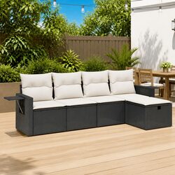 5 Piece Outdoor Garden Sofa Set with Cushions Black Poly Rattan Patio Furniture