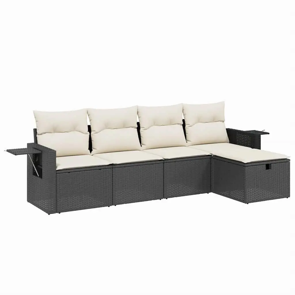 5 Piece Outdoor Garden Sofa Set with Cushions Black Poly Rattan Patio Furniture