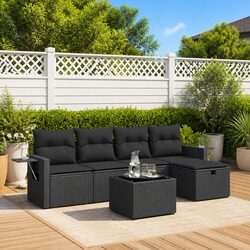 Garden Sofa Set 6 Piece Outdoor Patio Furniture Black Poly Rattan with Cushions