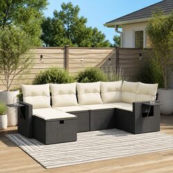 6 Piece Outdoor Garden Sofa Set with Cushions Black Poly Rattan Patio Furniture