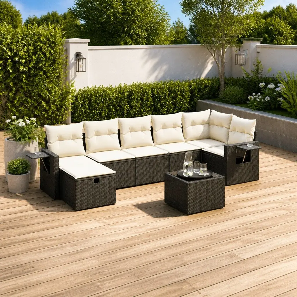 Garden Sofa Set 8 Piece Outdoor Furniture Patio Black Poly Rattan with Cushions