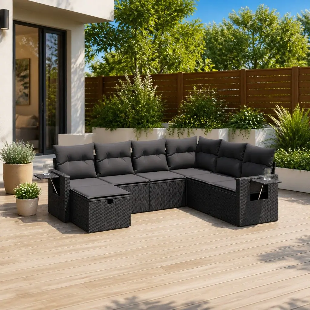 7 Piece Garden Sofa Set Outdoor Patio Furniture Black Poly Rattan with Cushions