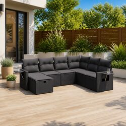 7 Piece Garden Sofa Set Outdoor Patio Furniture Black Poly Rattan with Cushions