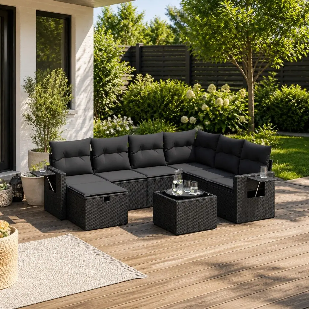 Garden Sofa Set 8 Piece Outdoor Furniture Black Poly Rattan with Cushions